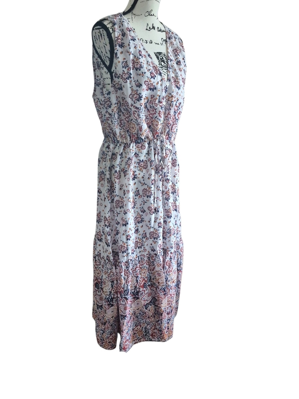 Lucky 2X Floral Border Print Cotton Maxi WesternBoho V Neck Drawstring Coastal - Picture 4 of 9